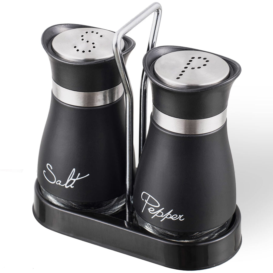 Salt and Pepper Shakers Set, Stainless Steel with Glass Bottle for Table, RV, Camp, BBQ, Set of 2, Black