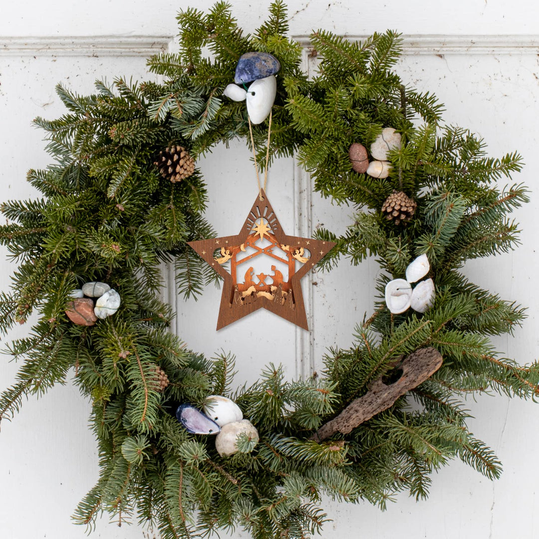 Nativity Scene Ornaments, Christmas Wooden Hanging Ornament Star Shaped Nativity Scene Keepsake for Xmas Tree, The Birth of Jesus Decoration, Religious Gift for Family Friends and Christian
