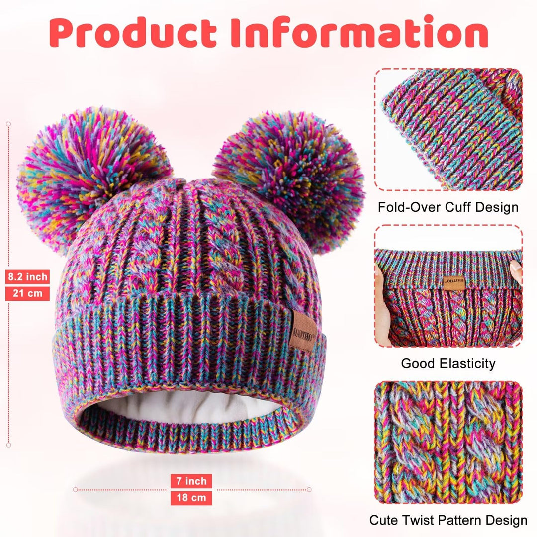 Winter Hat for Kids Toddler Children, Girls Beanie with Double Pom Pom Warm Thick Thermal Fleece Lined, Girls Accessories Cute Knit Beanies Cap for Cold Weather(Rainbow)