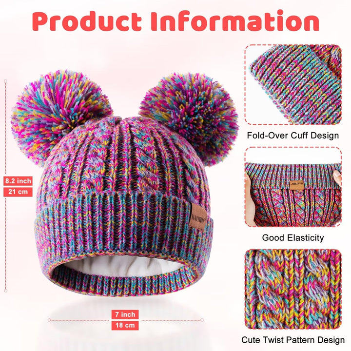 Winter Hat for Kids Toddler Children, Girls Beanie with Double Pom Pom Warm Thick Thermal Fleece Lined, Girls Accessories Cute Knit Beanies Cap for Cold Weather(Rainbow)