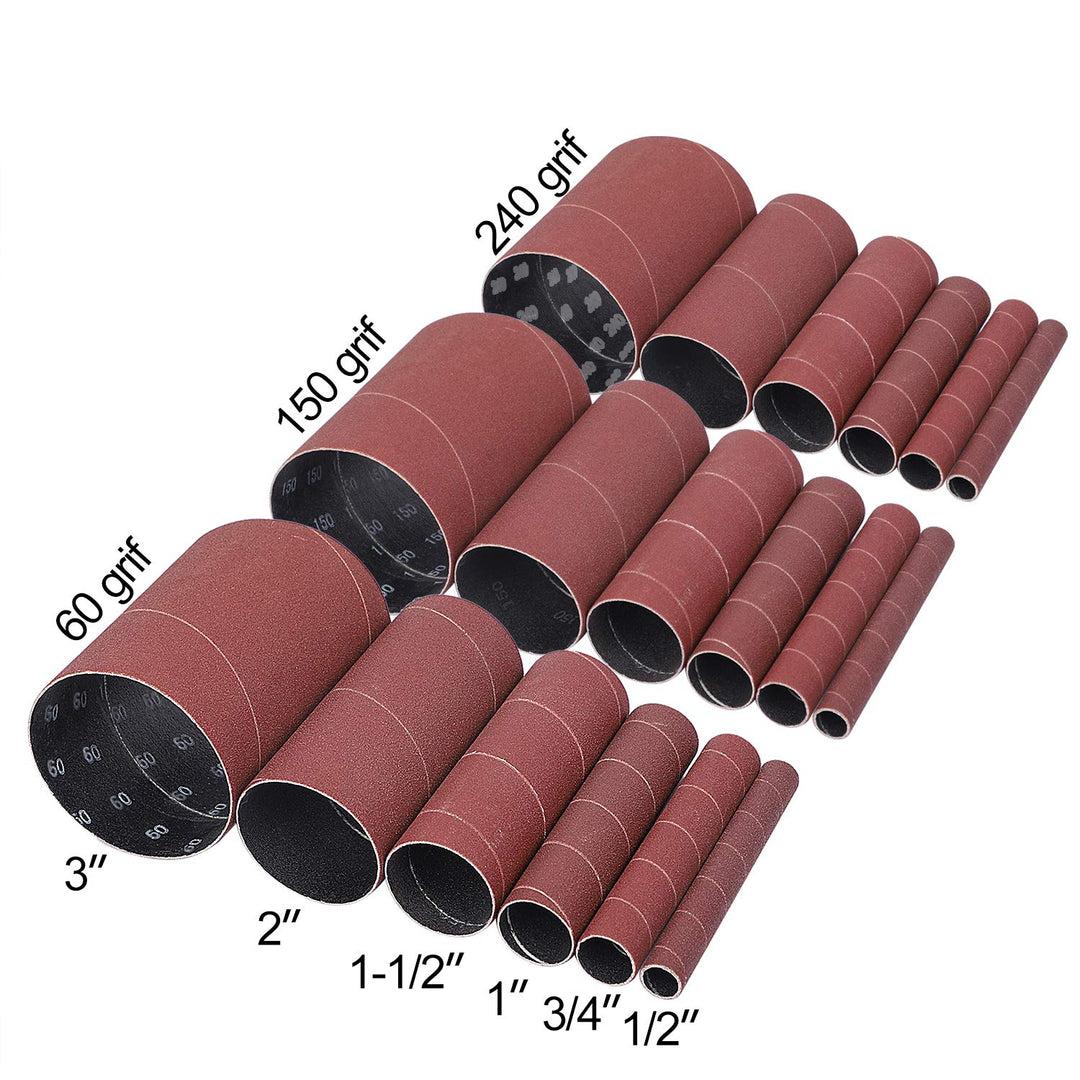18 PCS Spindle Sander Sleeves, 60, 150, 240 Assorted Grit Alumina Sandpaper, 1/2”,3/4”,1”,1-1/2”, 2”, 3” Diameter, Sanding Sleeves for Spindle Sander 4-1/2 Inch Length