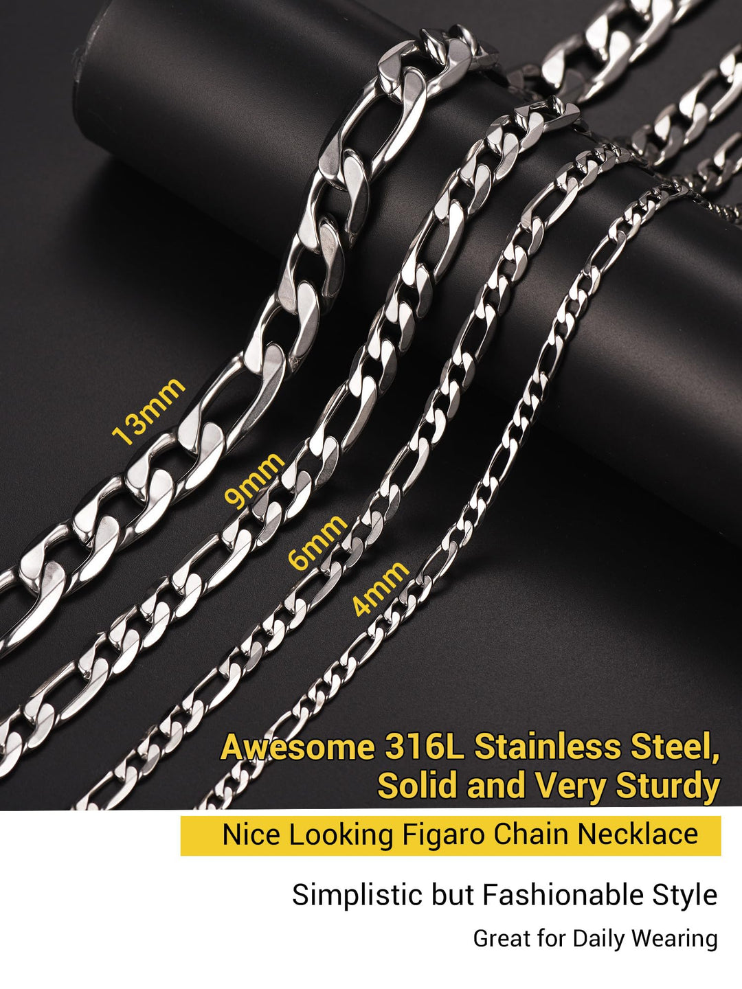 Stainless Steel Chain Figaro Link Necklace 24 inch 6mm Men Jewelry Flat Chains for Man Necklaces