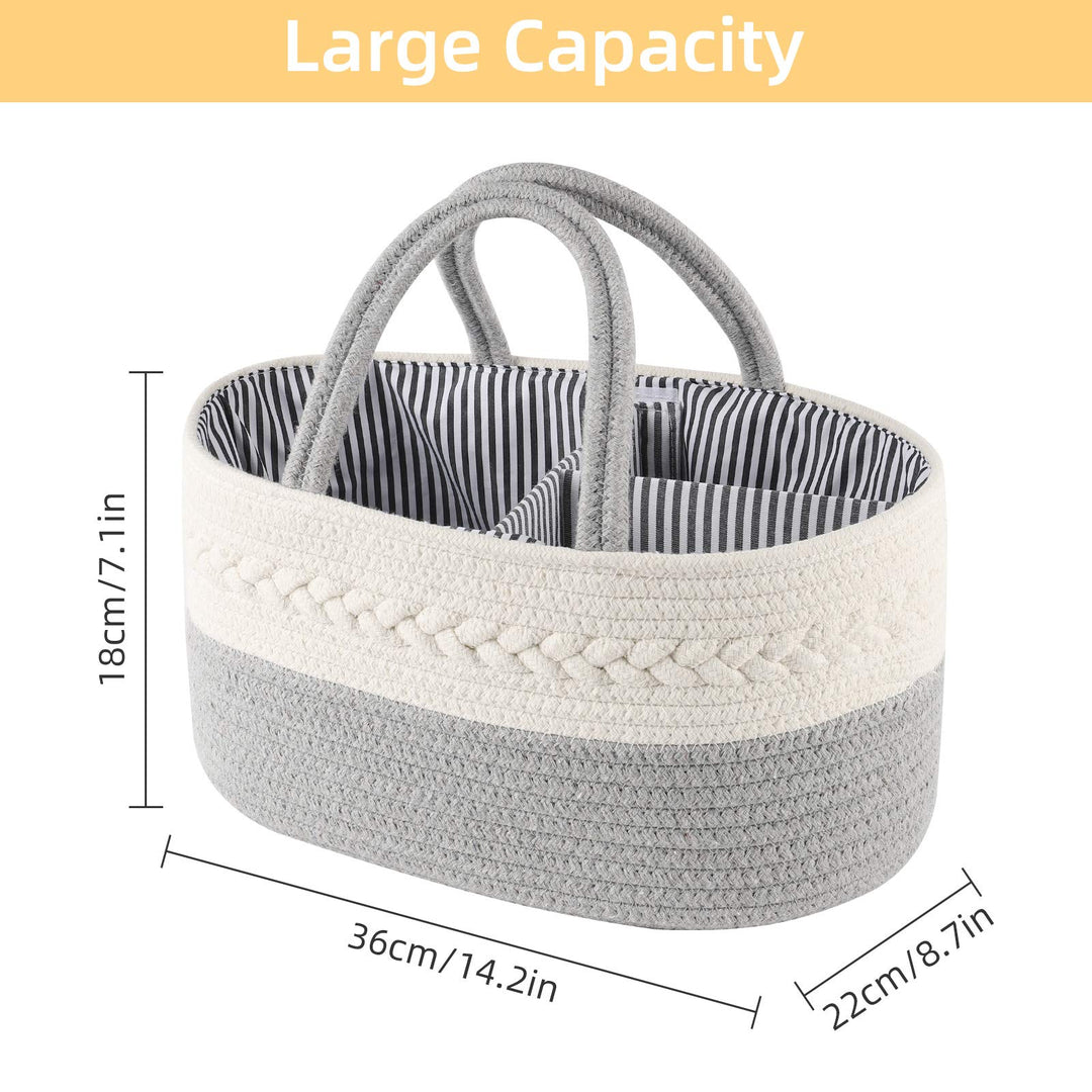 Baby Diaper Caddy Organizer, Portable Diaper Caddy Basket for Baby Boys and Girls, Cotton Rope Diaper Basket Organizer - Baby Basket with Compartments (Grey)