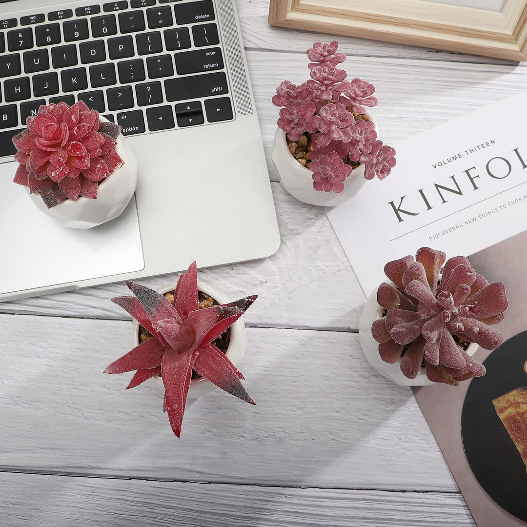 Artificial Succulent Plants Set of 4, Mini Life-Like Faux Succulents in White Ceramic Pots for Office Desk, Home Shelve, Fake Desk Plants for Home and Office Decoration