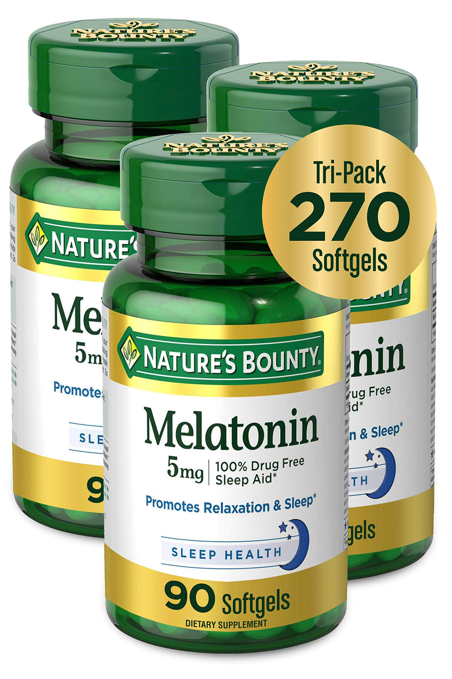 Melatonin 100% Drug Free Sleep Aid, Dietary Supplement, Promotes Relaxation and Sleep Health, 5 mg, 90 Count, Pack of 3