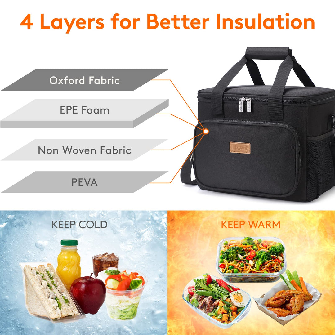 Large Lunch Bag Insulated Lunch Box Soft Cooler Cooling Tote for Adult Men Women, Black 24-Can (15L)