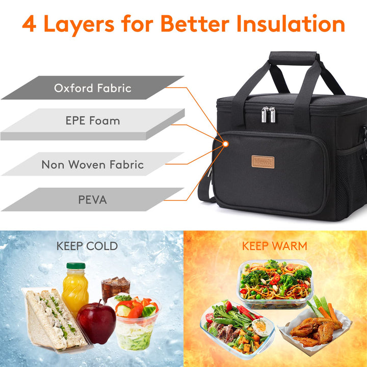Large Lunch Bag Insulated Lunch Box Soft Cooler Cooling Tote for Adult Men Women, Black 24-Can (15L)