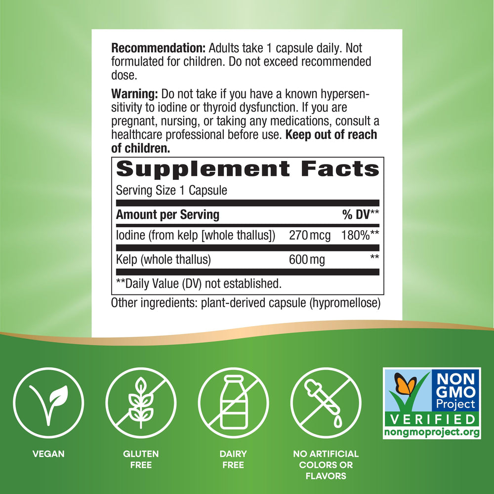 Kelp - Kelp Dietary Supplement - Supports Thyroid Function* - Iodine Supplement for Men & Women - Vegan & Non-GMO Project Verified - 180 Capsules