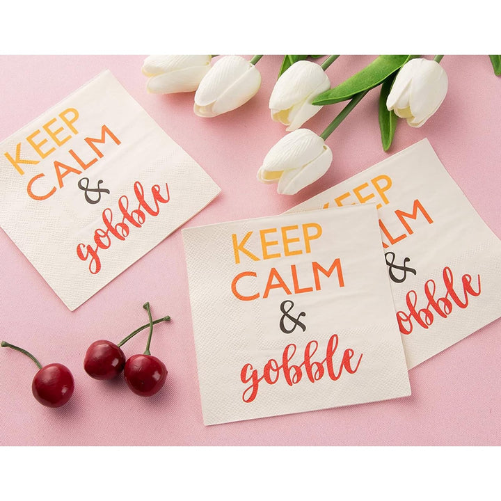 Cocktail Napkins - 100-Pack Disposable Paper Napkins, Autumn Thanksgiving Dinner Party Supplies, 3-Ply, Keep Calm and Gobble, White, Unfolded 10 x 10 Inches, Folded 5 x 5 Inches