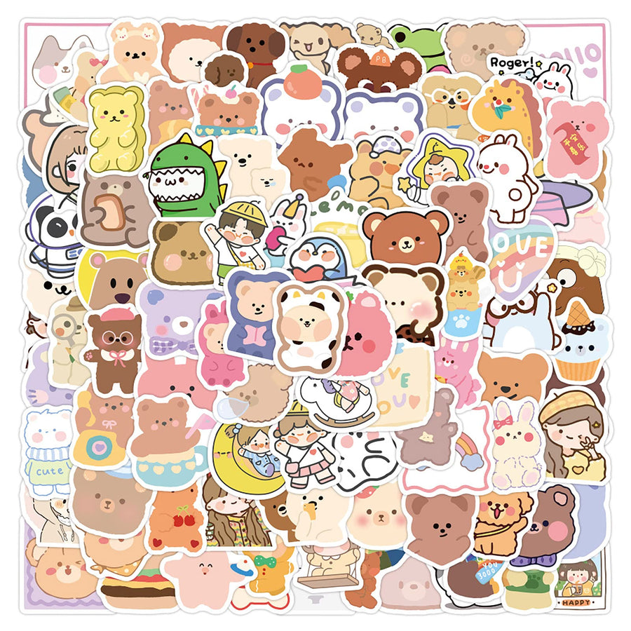 100pcs Cute Cartoon Korean Bear Stickers for Kids Scrapbooking,Lovely Aesthetic Vinyl Stickers for HydroFlasks Laptop Water Bottle Journal Fridge Graffiti Decals