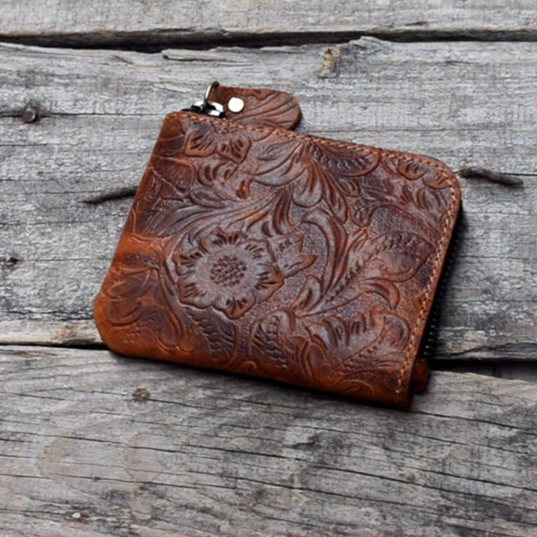 Genuine Leather Zipper Coin Purse Wallet With Key Car Smart Holder, Change Purse, Coin Pouch Holder For Men (Flower brown)