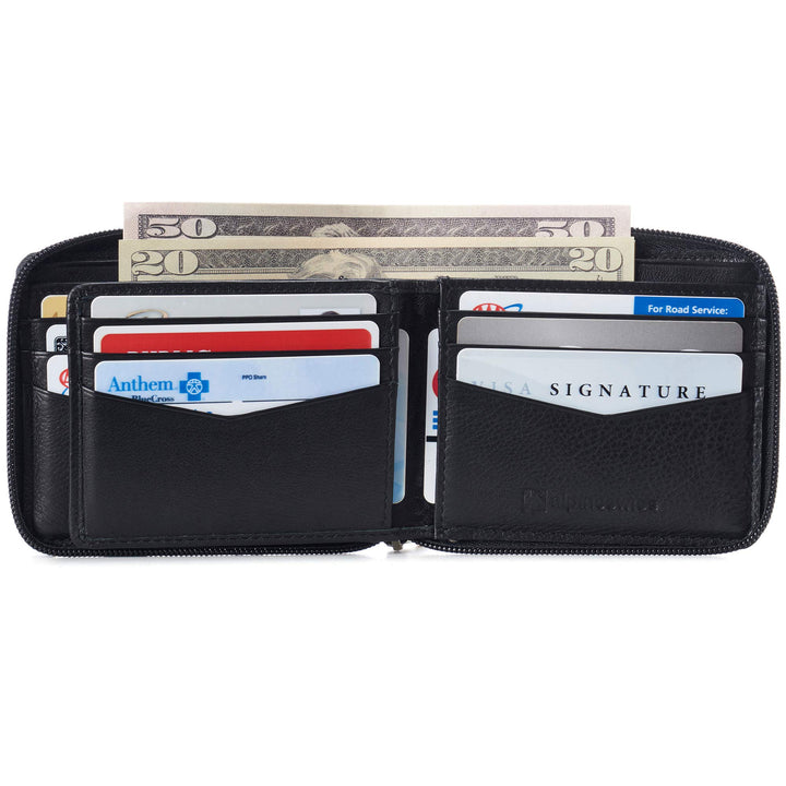 Logan Zipper Bifold Wallet For Men or Women RFID Safe Comes in a Gift Box Black