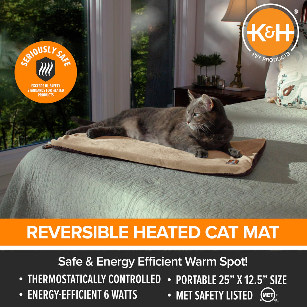 Heated Cat Bed Pad for Indoor Cats, Thermo-Kitty Mat Calming Warm Pet Heating Pad for Inside Pets, Machine Washable, Waterproof Heater, Safety Listed - 12.5 X 25in Mocha/Tan
