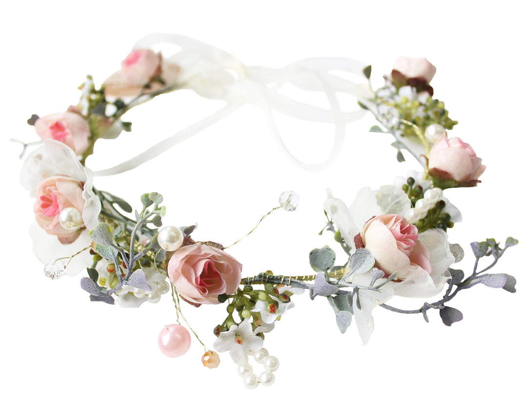 Boho Flower Headband Hair Wreath Floral Garland Crown Halo Headpiece with Ribbon Wedding Festival Party