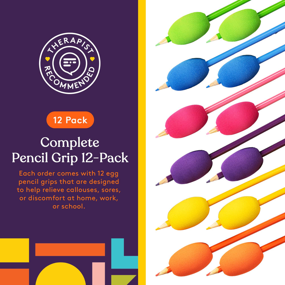 Egg Pen-Pencil Grips for Kids and Adults Colorful, Cushioned Holders for Handwriting, Drawing, Coloring - Ergonomic Right or Left-Handed Use - Reusable (12-Pack)