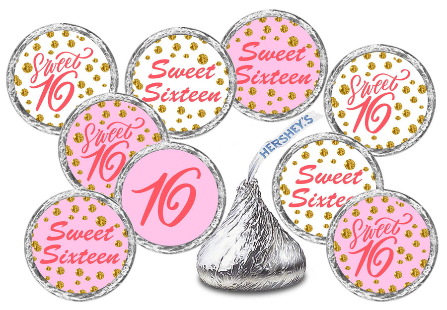 Pink 16th Birthday Kisses Stickers, (Set of 216), Sweet 16 Chocolate Drops Labels Stickers Party Favors Decor for Hershey's Kisses