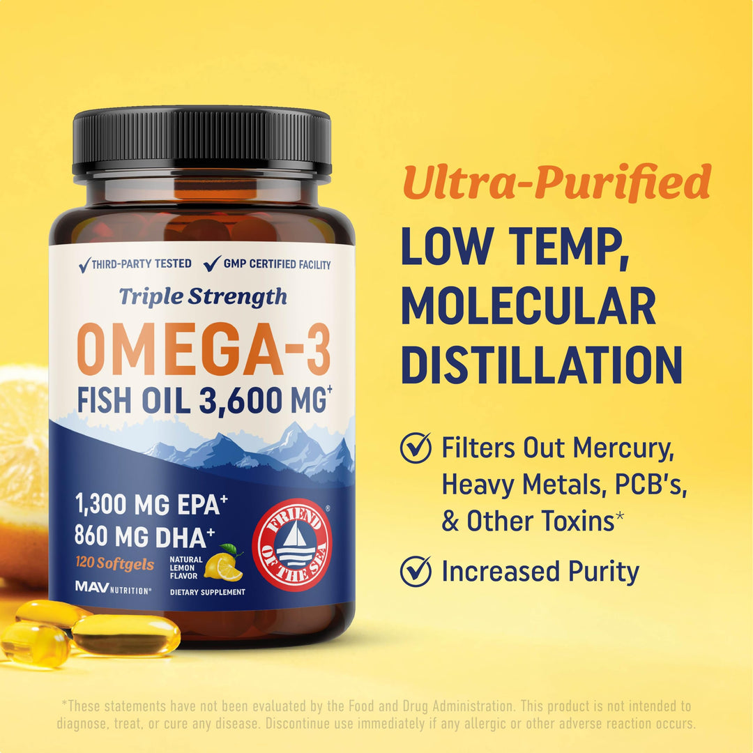 Triple Strength Omega 3 Fish Oil 3600 mg | EPA &amp; DHA | Over 2100mg Omega-3 Fatty Acids | 1300mg EPA + 860mg DHA | Best Essential Fatty Acids | Premium Wild Caught &amp; Burpless Fish Oil | 120 Ct