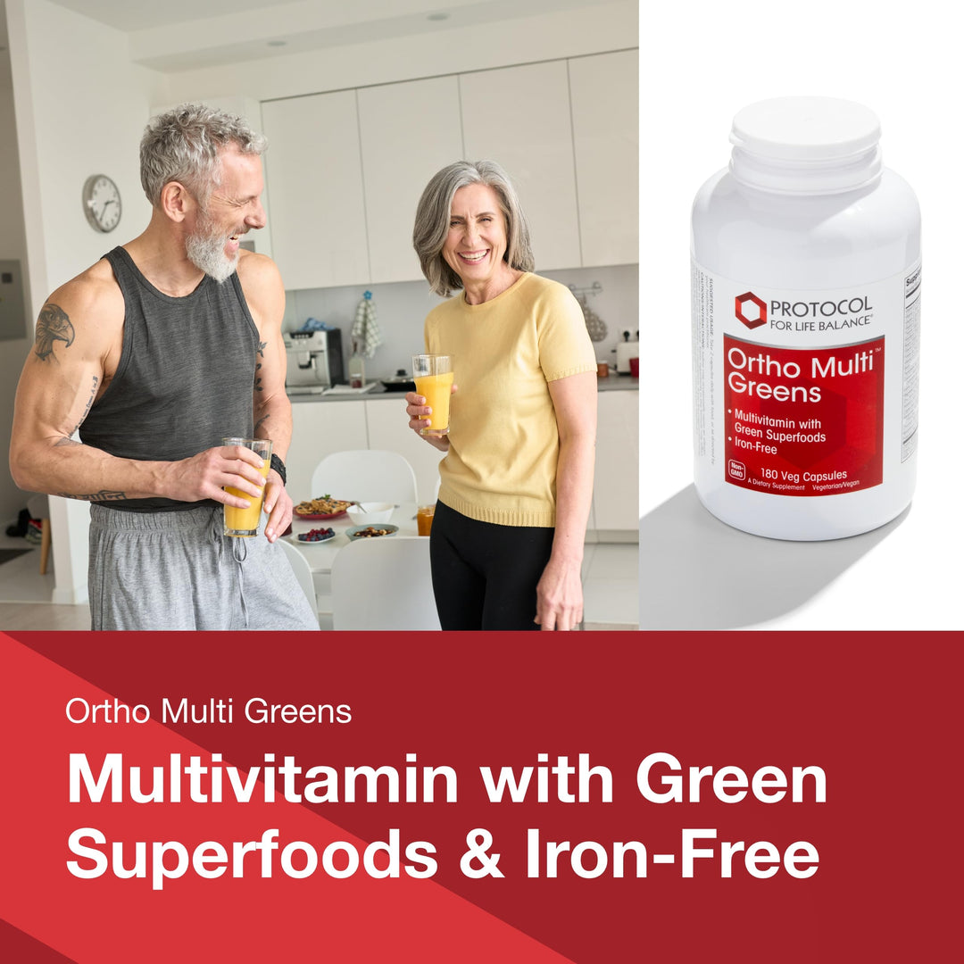 Ortho Multi Greens - Multivitamin with Green Superfoods - with Vitamins C, B6, B12 &amp; More - with Spirulina, Chlorella &amp; Alfalfa - Iron Free - Non-GMO - 180 Veg Caps