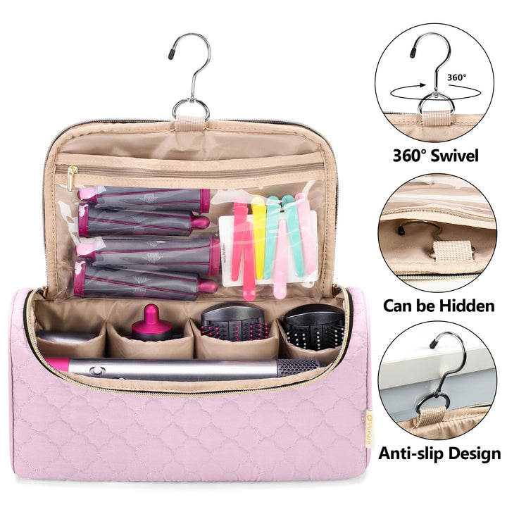 Yarwo Travel Case Compatible for Dyson Airwrap Complete Styler and Attachments, Portable Storage Bag with Hanging Hook for Hair Curler Accessories, Pink (Patent Design)