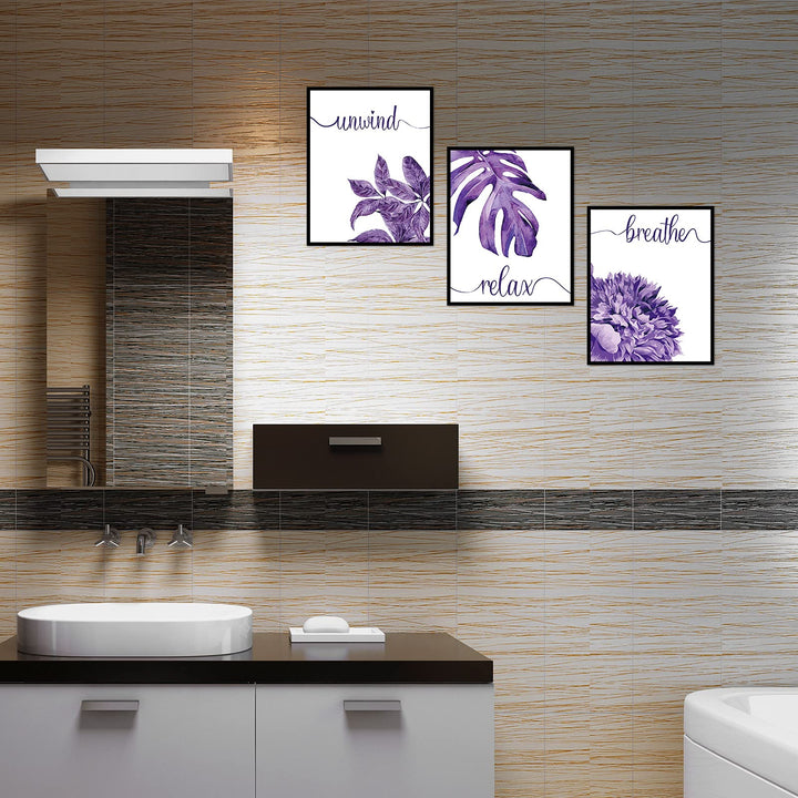 6 Pieces Purple Wall Art Decor Relax Soak Wash Breathe Unwind Bathroom Decor Unframed Flower Poster Prints Photos Farmhouse Wall Painting for Home Bathroom Washroom,8 x 10 Inch