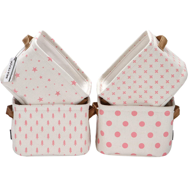 Collapsible Small Canvas Fabric Storage Basket with Handles, Square Mini Storage Box, Cube, Foldable Shelf Basket, Closet, Desk Organizer for Nursery, Home, Office (Pink, Set of 4)