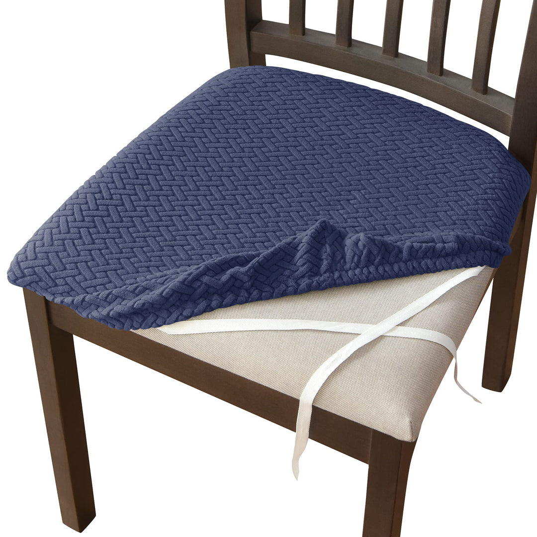 Dining Chair Seat Slipcover, Soft Stretch Chair Cushion Cover for Dining Room, Unique Geometric Jacquard Pattern,Washable Removable Chair Seat Protector with Elastic Ties,Set of 4,Jade Green