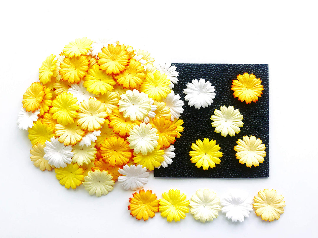 Tyga_Thai TH 50 pcs. Daisy Paper Flowers 25 mm. Mixed Tone Yellow Petal Flower die cuts Mulberry Paper Flower Craft Handmade Wedding Scrapbook for so Many Card Craft Projects Yellow, White Small