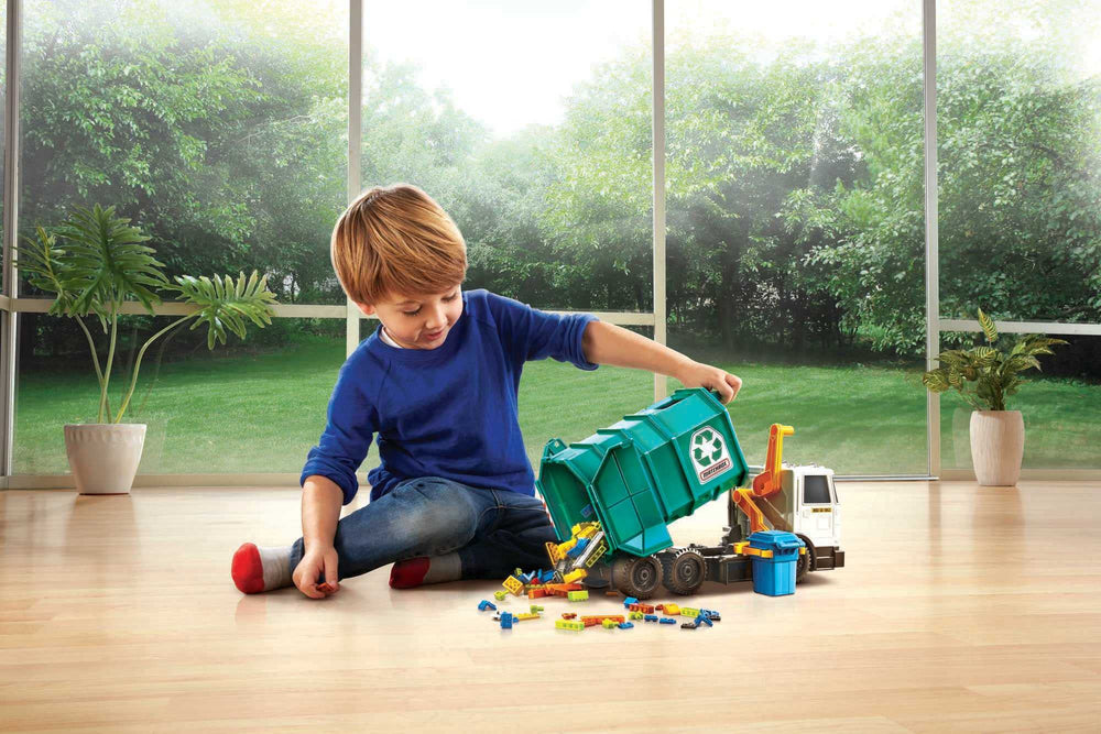 Cars, Large-Scale, 15-in Toy Recycling Truck with Garbage Bin, Lights and Sounds