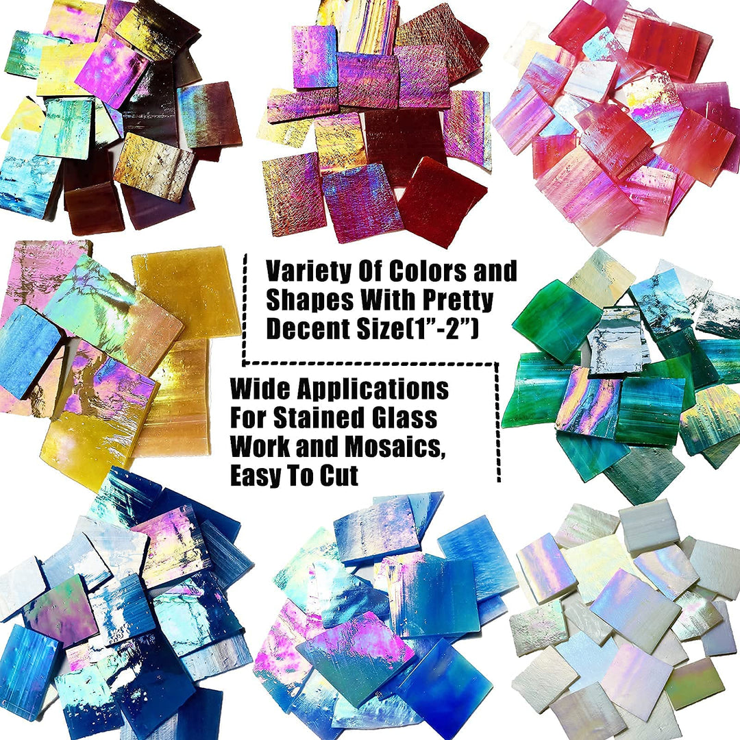 Iridescent Mosaic Glass Pieces Stained Glass Sheet Scraps for Crafts, Mosaic Tiles Supplies Kit, Variety of Rainbow Iridized Colors and Shapes, 35oz Value Pack