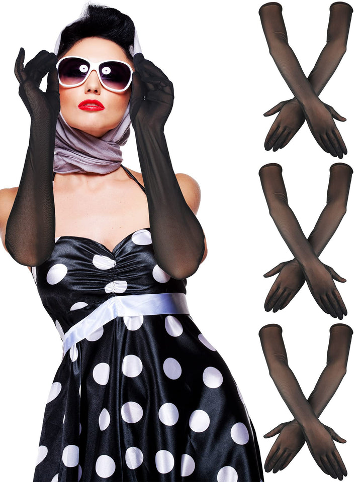 3 Pair Sheer Gloves Sheer Black Gloves Nylon Sheer Gloves Tulle Gloves Women 22 Inch Mesh Opera Gloves (Black)