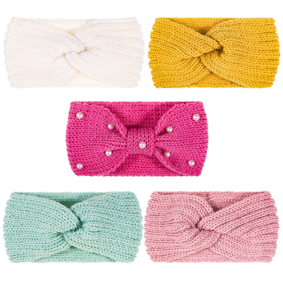 5 Pieces Knit Headbands Winter Ear Warmers, 4 Elastic Turban Head Wraps and 1 Pearl Crochet Hair Band, Hair Scrunchies Scarves for Women Girls (Candy Colors)