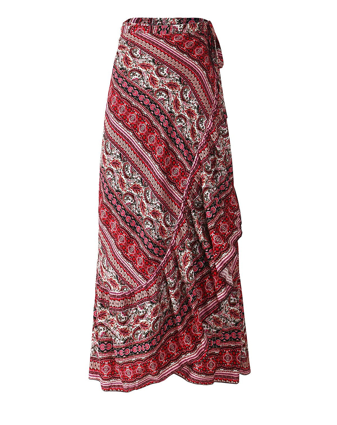 Women Boho Print High Waist Side Wrap Bohemian Asymmetric Hem Maxi Long Wrap Skirts One Size(red)