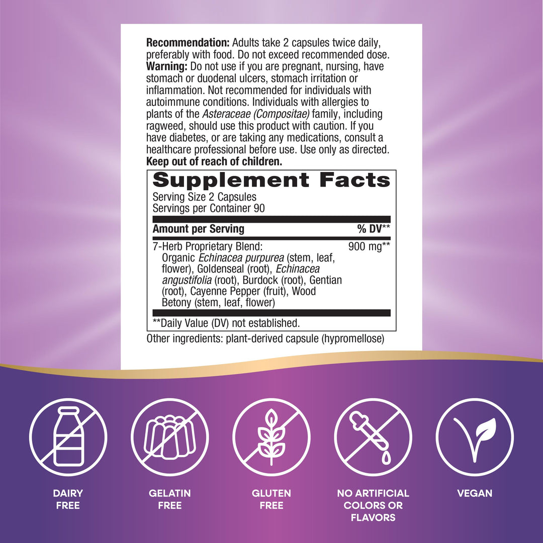 Nature&#39;s Way Echinacea Goldenseal, Premium Blend, Supports Immune Health*, 900 mg per 2-Capsule Serving, Non-GMO Project Verified, Vegan, 180 Capsules (Packaging May Vary)