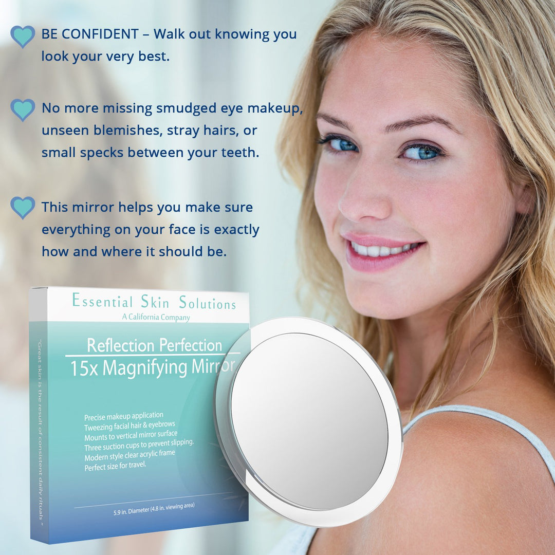 15X Magnifying Mirror – Use for Makeup Application - Tweezing – and Blackhead / Blemish Removal – Round Mirror with Three Suction Cups for Easy Mounting , 6 Inch