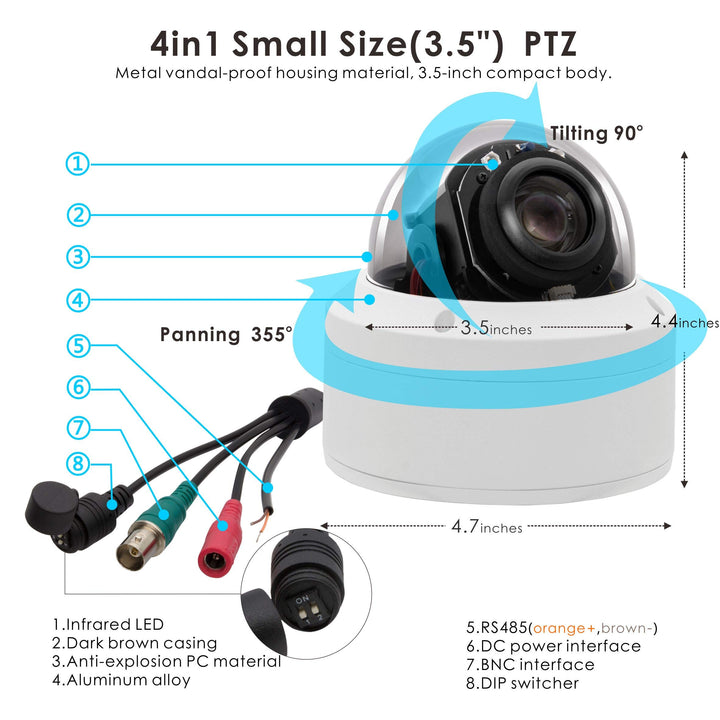 CCTV IR PTZ Security Dome Camera, 1080P HD Outdoor, IP66 Waterproof AHD/TVI/CVI/CVBS 4in1, 98ft IR Night Vision, 5X Zoom,2.7-13.5mm AF Lens,RS485&amp;UTC Control, DC 12V
