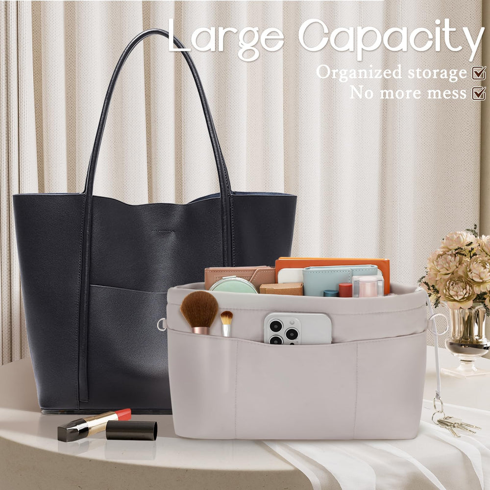 Purse Organizer Insert with Zipped Top for Tote Bag, Handbag Shaper with 13 Pockets, Grey XS