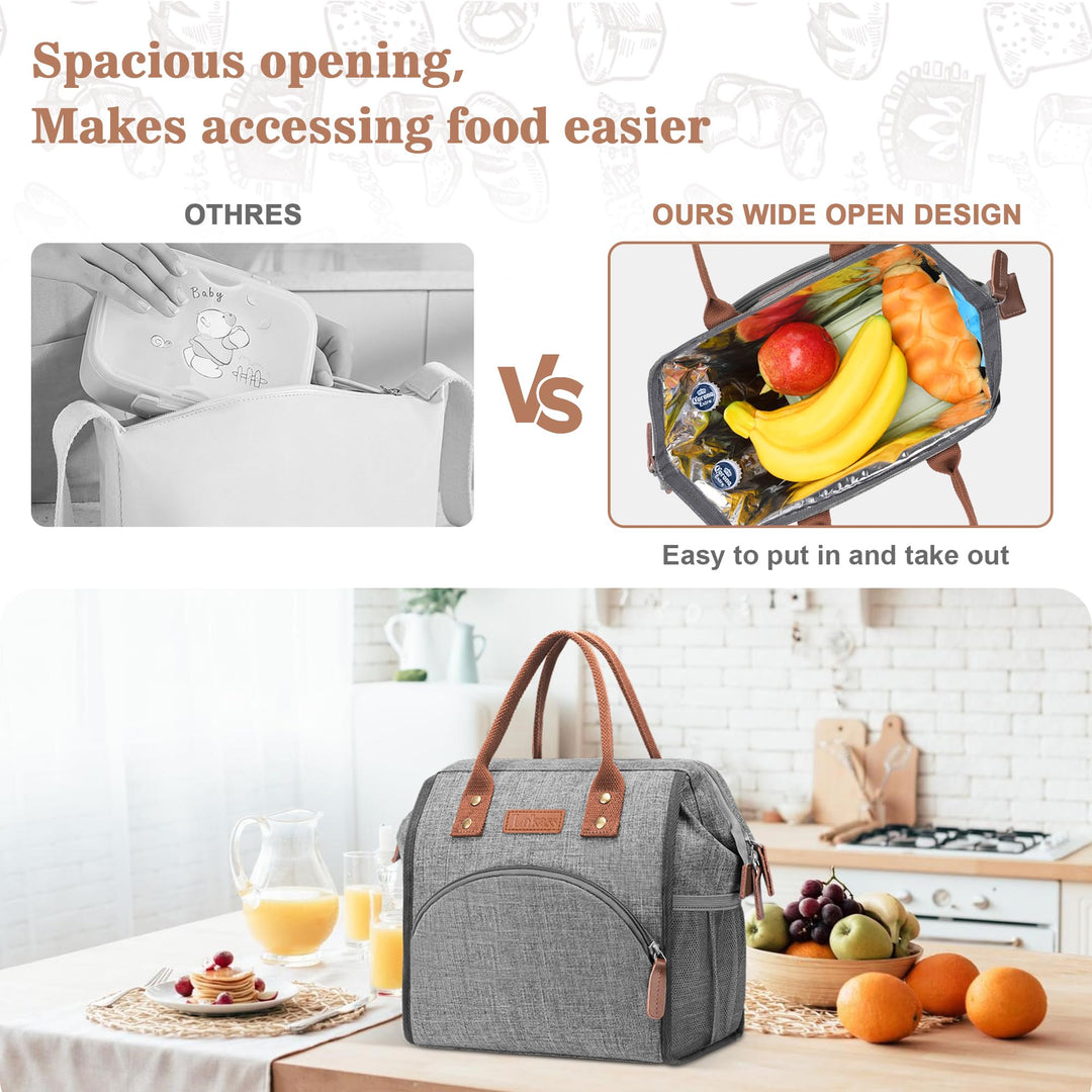 Lunch Bag Women Insulated Lunch Box Wide-Open Lunch Tote Bag Large Drinks Holder Durable Nylon Thermal Snacks Organizer for Men Adults Work Picnic Hiking Beach Fishing,Grey