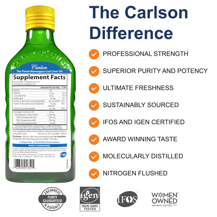 - Cod Liver Oil, 1100 mg Omega-3s, Liquid Fish Oil Supplement, Wild-Caught Norwegian Arctic, Sustainably Sourced Nordic Liquid, Lemon, 250 ml
