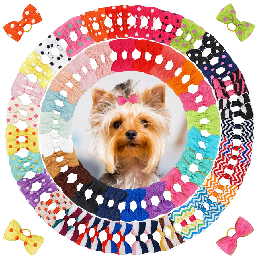 100PCS Cute Pet Grooming Accessories - Colored Polka Dot Hair Bows with Rubber Bands for Small Dogs and Puppies like Yorkies - 50 Pairs