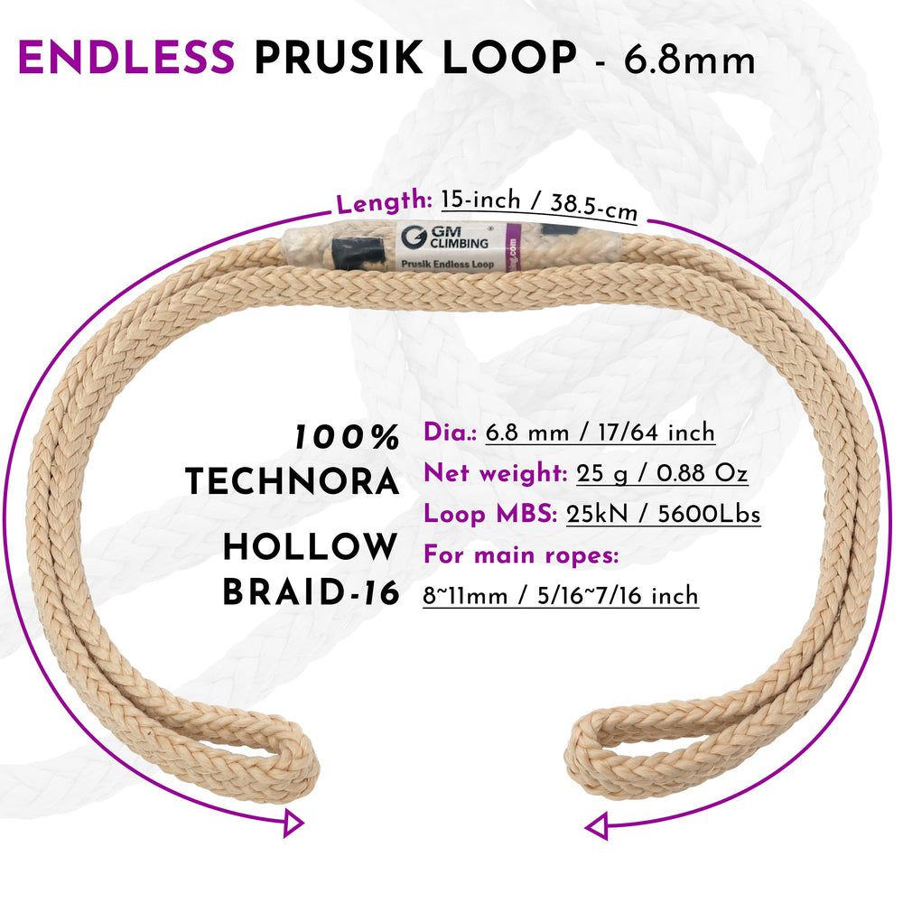 6.8mm Endless Prusik Loop 15-inch 100% Technora 25kN Heat Resistant Friction Hitch Cord Hollow Braid for Rappel Abseil Backup, Adjustable Anchor Set-up, Rescue Rigging Hammocks