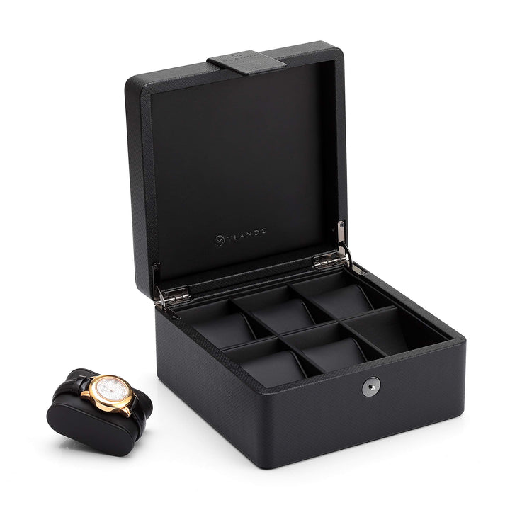 6-Slot Watch Box Organizer Collector - Wooden Case and Snap Fastener Closure - Gift Packing, Black