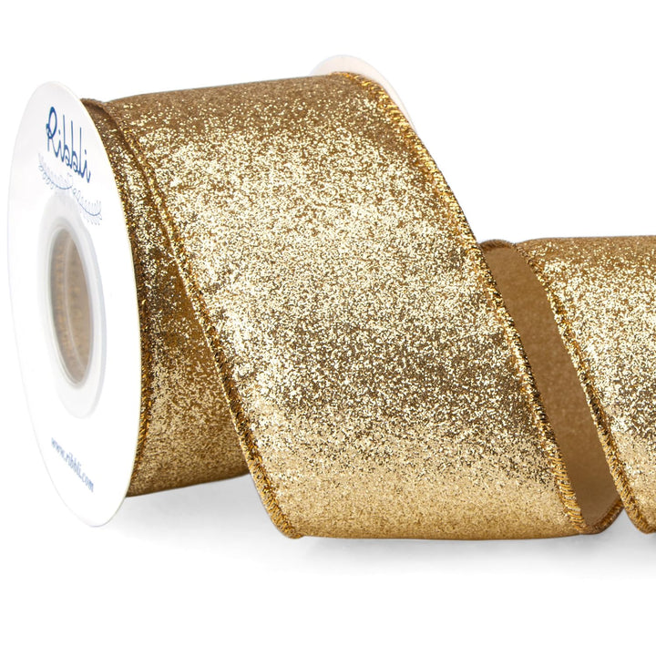 Gold Glitter Wired Ribbon with Gold Metallic Edge,Christmas Ribbon for Wreath, Tree Decoration, Home Decor, 2-1/2 Inch x 10 Yards