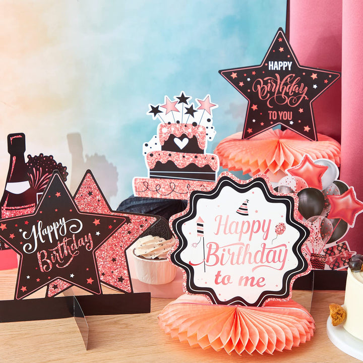 12 Pieces Happy Birthday Decorations Birthday Honeycomb Centerpieces for Table Decorations Birthday Honeycomb Table Topper for Women Men Birthday Theme Party Supplies (Rose Gold, Black)