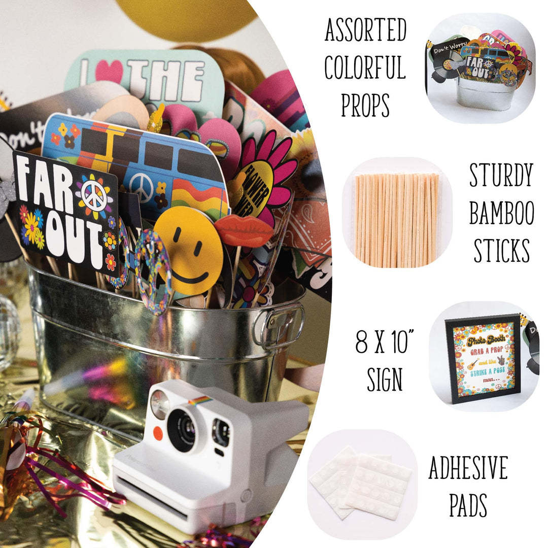 60s Photo Booth Props - 41-pc Photo Booth Kit with 8 x 10-Inch Sign, 60 Adhesive Pads, 45 Sticks - Hippie Photo Booth Props - 1960 Party Supplies - Props for Woodstock Party