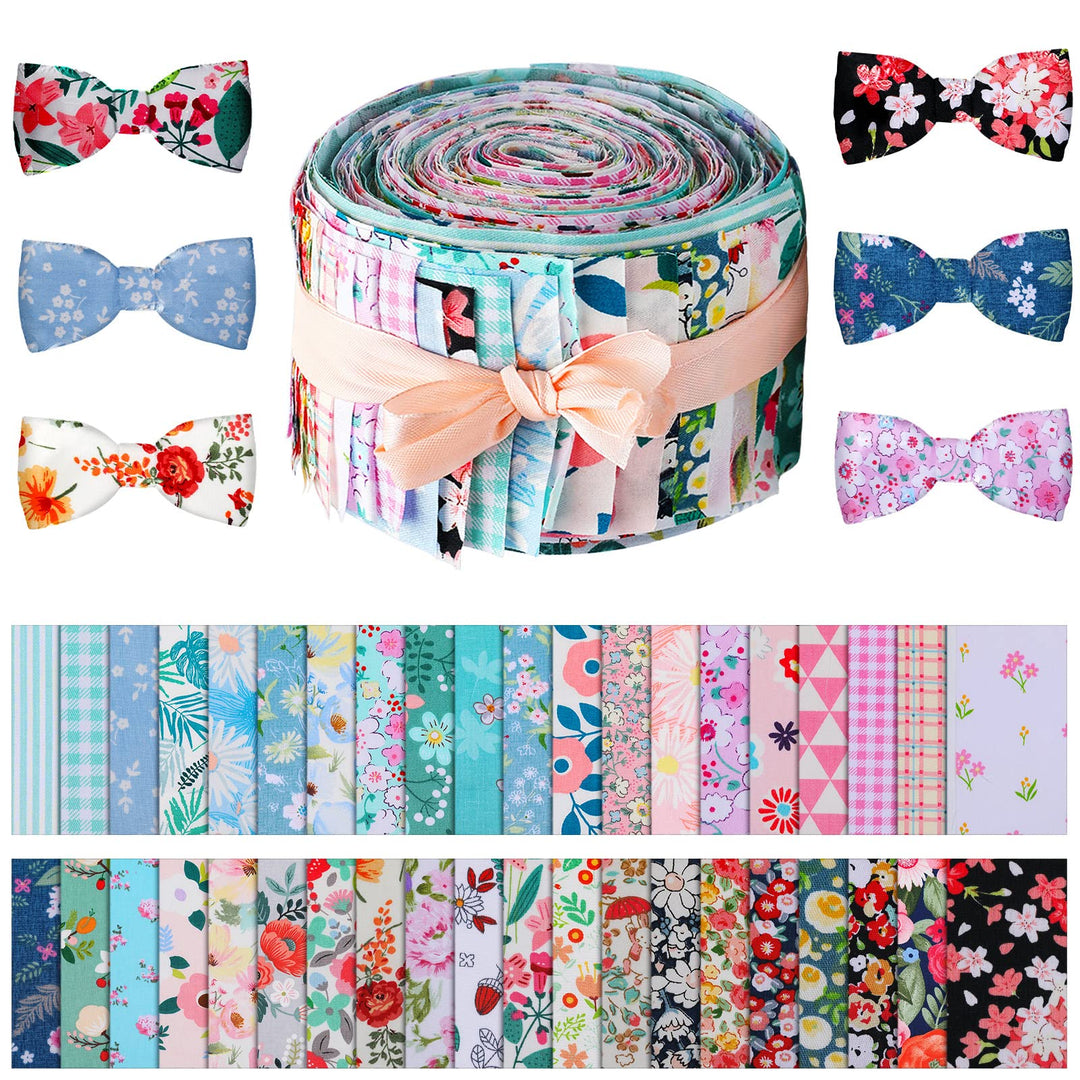 40 Pcs Jelly Fabric for Quilting, Japanese Cotton Patchwork Roll, Retro Floral Print Precut Fabric, Roll up Quilting Strips, 2.55 Inch Patchwork Roll for DIY Sewing Crafts (Fresh Style)