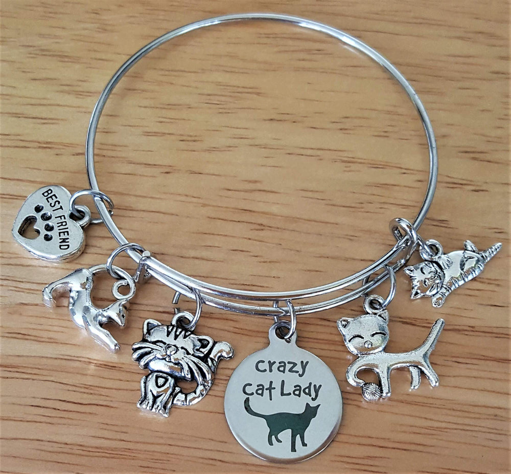 Cat Bracelet, Pets Bracelet, Kitty Cat Bracelet, Crazy Cat Lady Bracelet, Cat Mom, Cat Charm, Best Friend Bracelet, Cat Paw Print Bracelet, Gift for Cat Lover, Cat Jewelry, Cat Bangle Bracelet