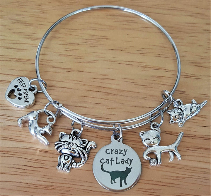 Cat Bracelet, Pets Bracelet, Kitty Cat Bracelet, Crazy Cat Lady Bracelet, Cat Mom, Cat Charm, Best Friend Bracelet, Cat Paw Print Bracelet, Gift for Cat Lover, Cat Jewelry, Cat Bangle Bracelet