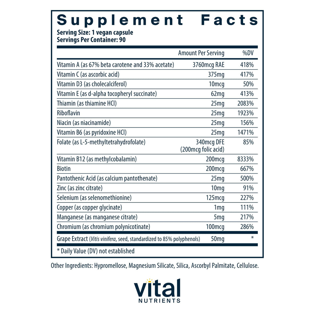 Minimal and Essential Multivitamin | Vegetarian One per Day Multi Vitamin, Mineral, & Antioxidant Supplement* | Iron-Free | Gluten, Dairy, Soy Free | Non-GMO | 90 Capsules