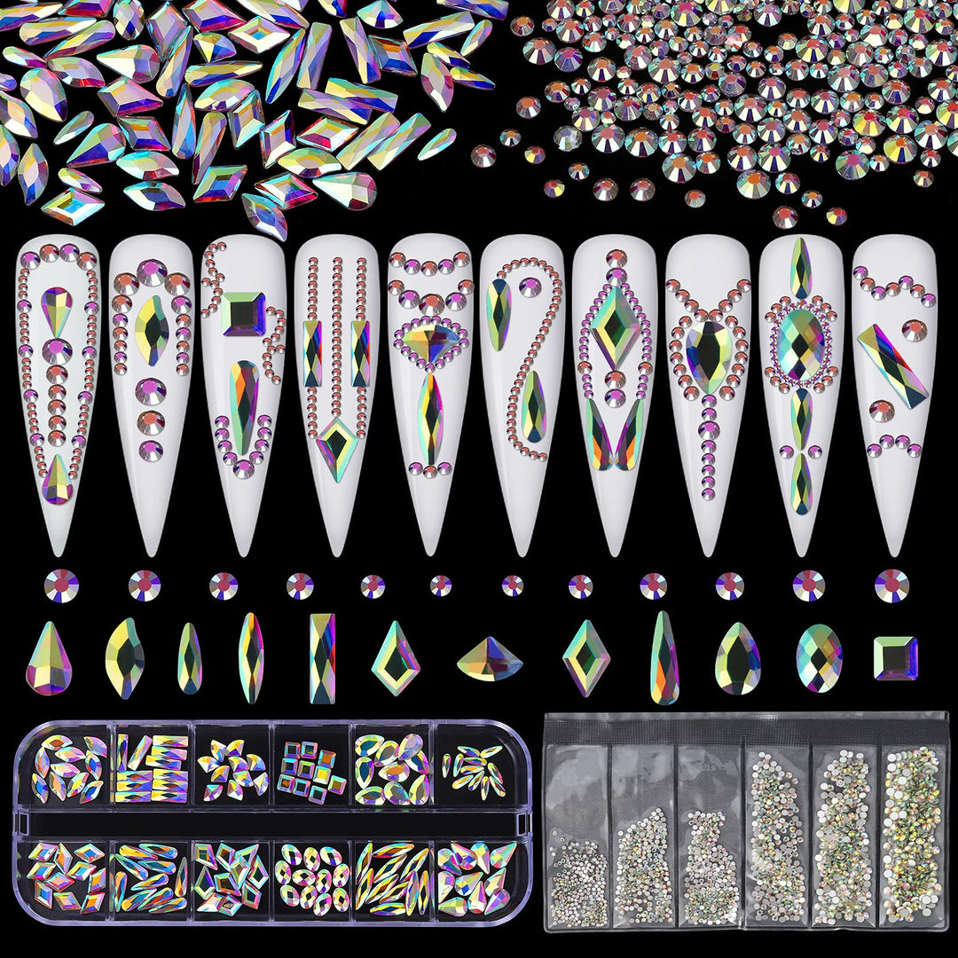 nail art Rhinestones 5000pcs+2000pcs+1728pcs+120pcs Multi Shapes Glass Crystal AB Rhinestones for nail gems with tools and nail rhinestone glue nail decoration and accessories kit.