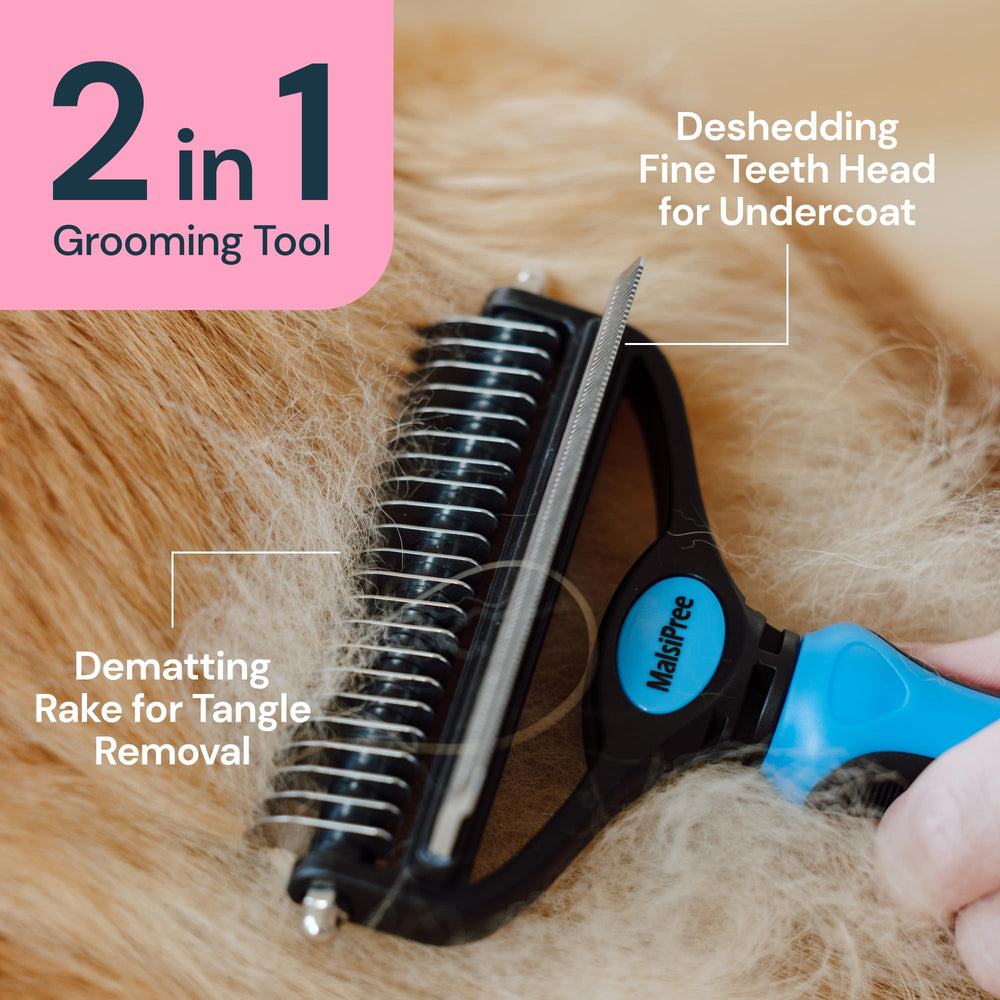 2-in-1 Dog Grooming Brush & Undercoat Rake - Deshedding Brush and Dematting Comb for Long or Short Haired Dogs - Anti-Shedding Pet Tool - Deshedding Tool